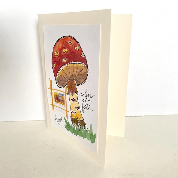 Mushroom Colors of Fall Blank Greeting Card Original Handmade Watercolor Collage - Picture 3 of 5